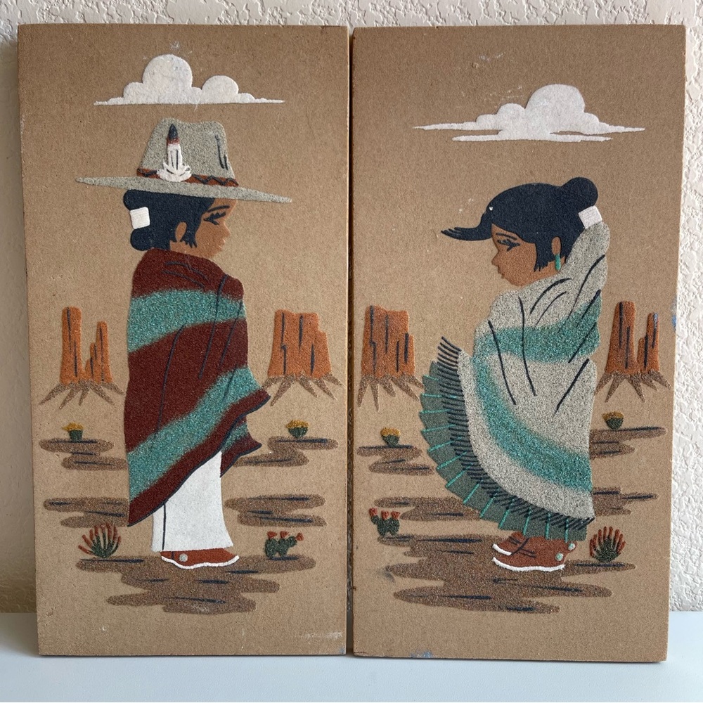 ✨Set of 2 Vintage Navajo Boy and Navajo Girl Native American Sand Art Pieces